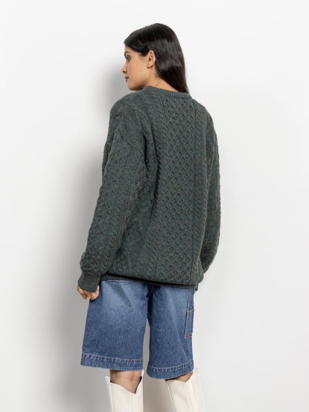 GREEN IRISH WOOL Cable Knit Winter Jumper Crew Neck / Medium - Picture 8 of 10